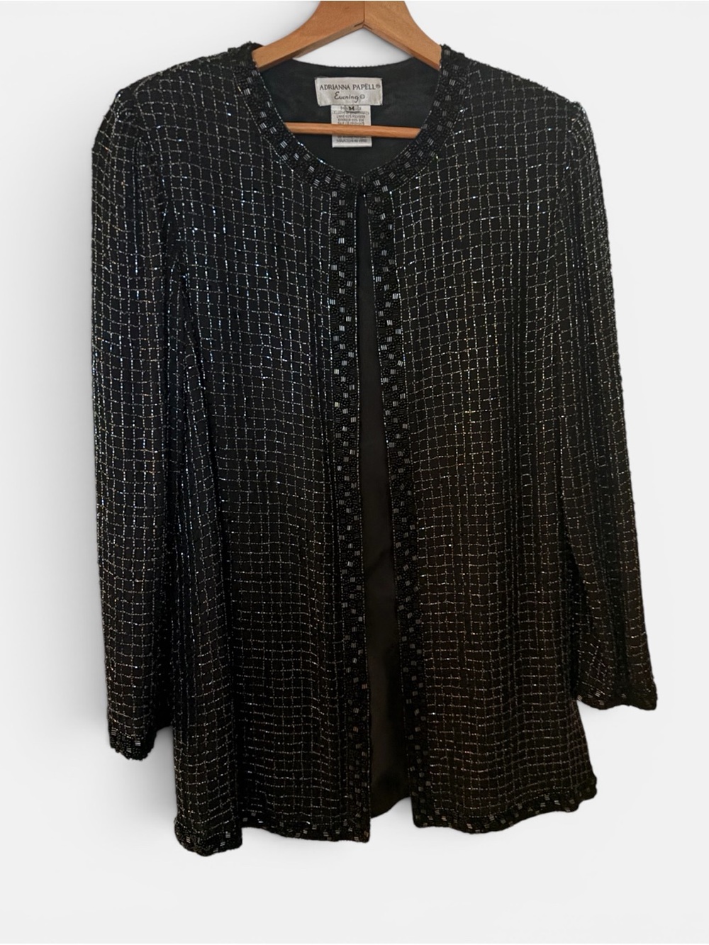 Adrianna Papell Black Beaded Open-Front Jacket. Size M